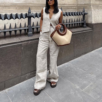 Kvinnors Ärmlös Västbyxa Av Bomull Med Patchworkdetaljer-4