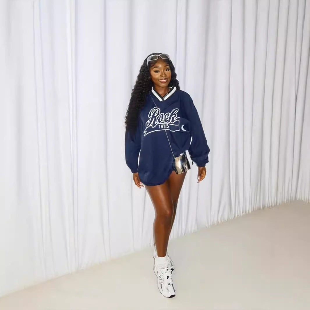 Dam Tröja V-Hals Streetwear Polyester Färgblock-4