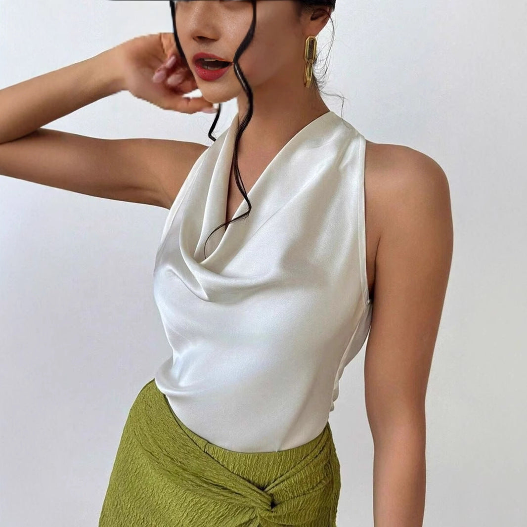 Dam Ärmlös Kamisol Halterneck Satin Rynkad-3