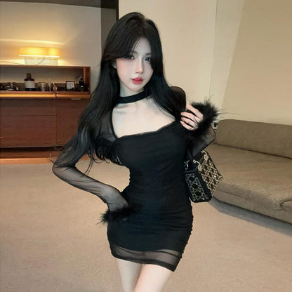 Damklänning Kort Bodycon Mesh Fyrkantig Halsringning-2