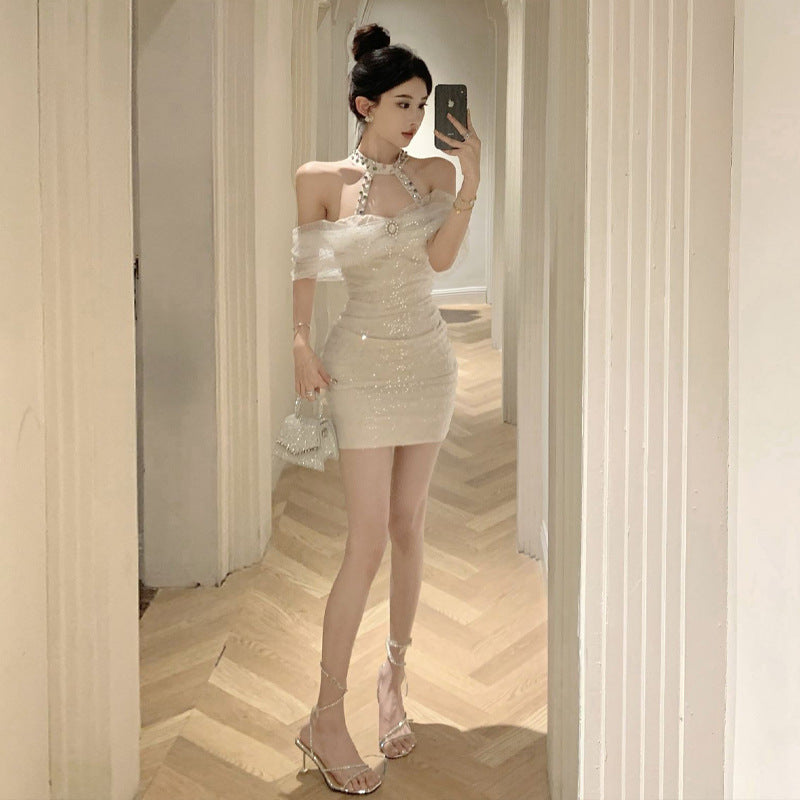 Dam Kort Klänning Halterneck Broderad Polyester för Sommarfest-3