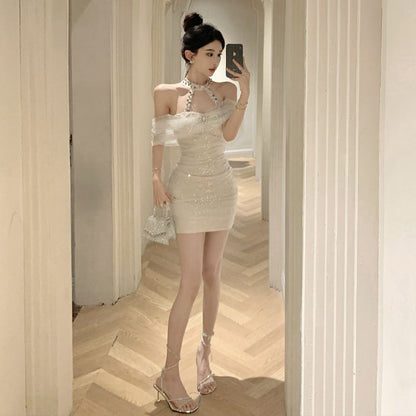 Dam Kort Klänning Halterneck Broderad Polyester för Sommarfest-3