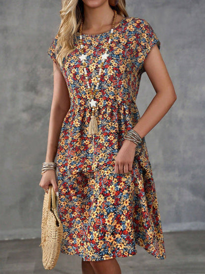 Kvinnors A-Linjeformad Klänning V-Ringning Bomullsblandning Blommönster-5