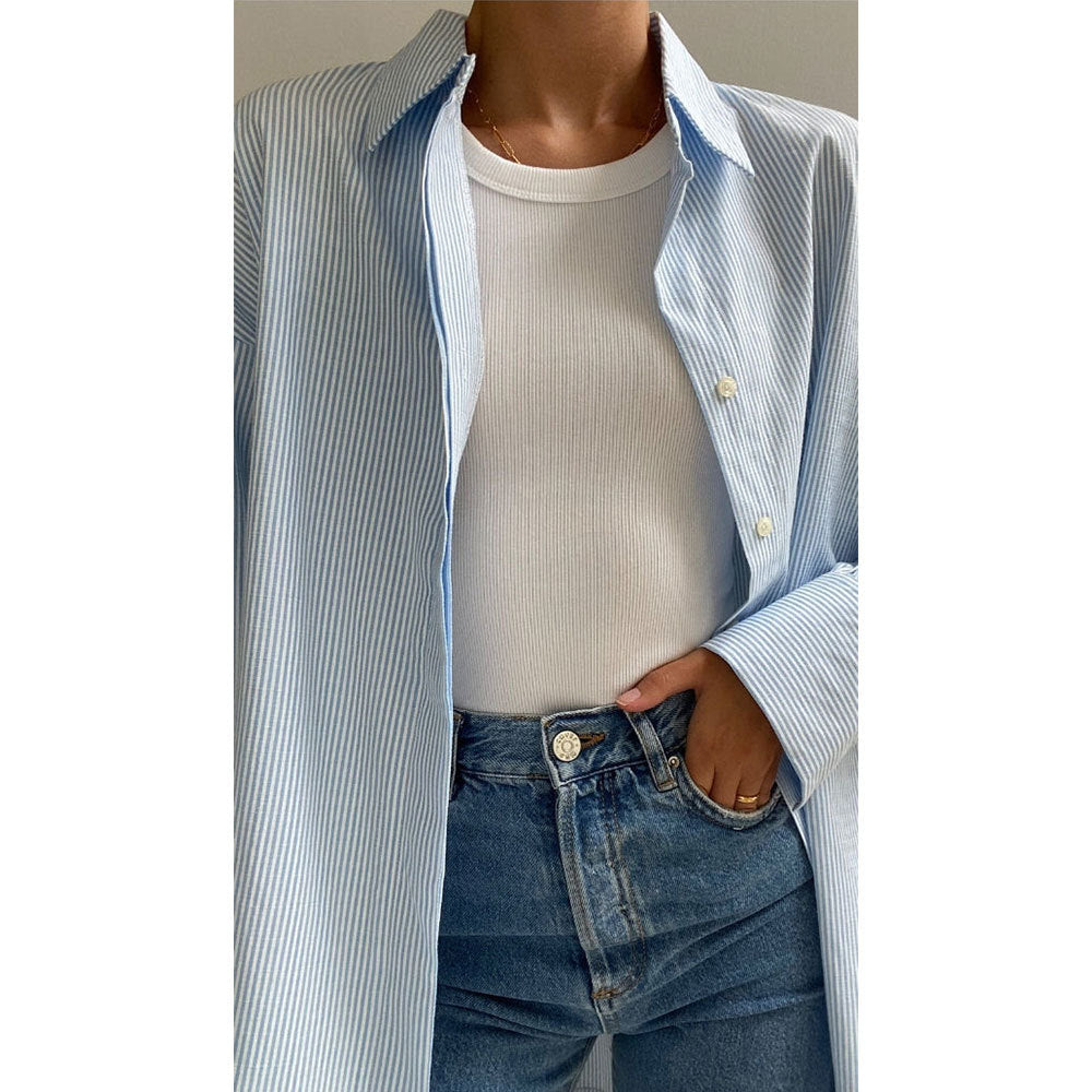 Löst Randig Kofta för Kvinnor i Mjuk Bomull – Ljusgrå och Blå, Storlek S-M-L 4