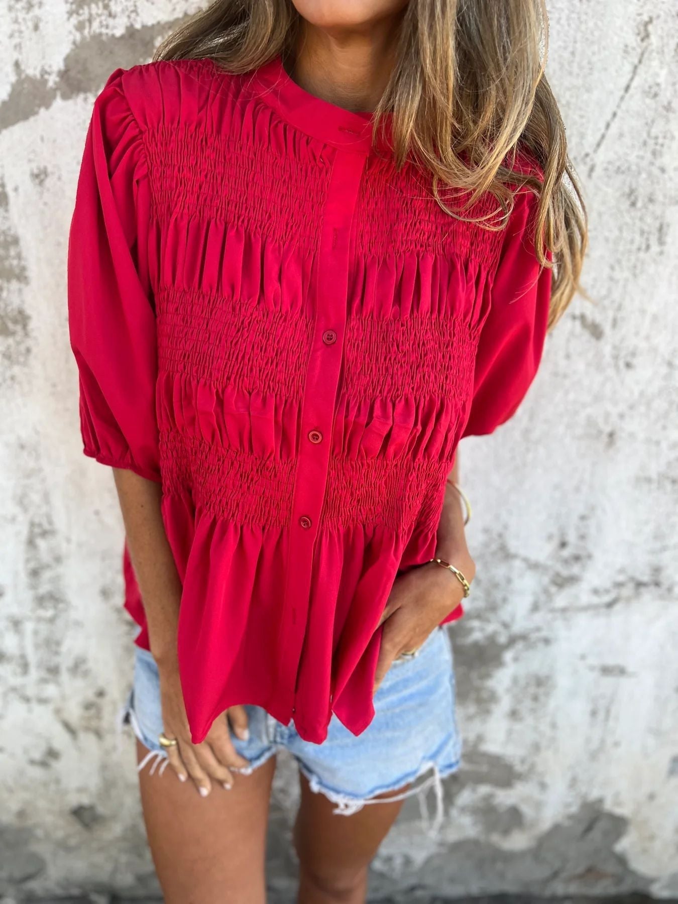Dam Blus Casual Spetsdetaljer Polyester Kort Ärmd-1