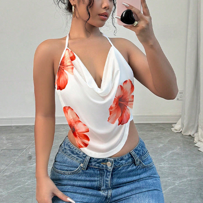 Kvinnors Halterneck Top i Spaghetti Stil – Ultrakort Mjölksilke och Polyester för Sommarens Eleganta Look 2