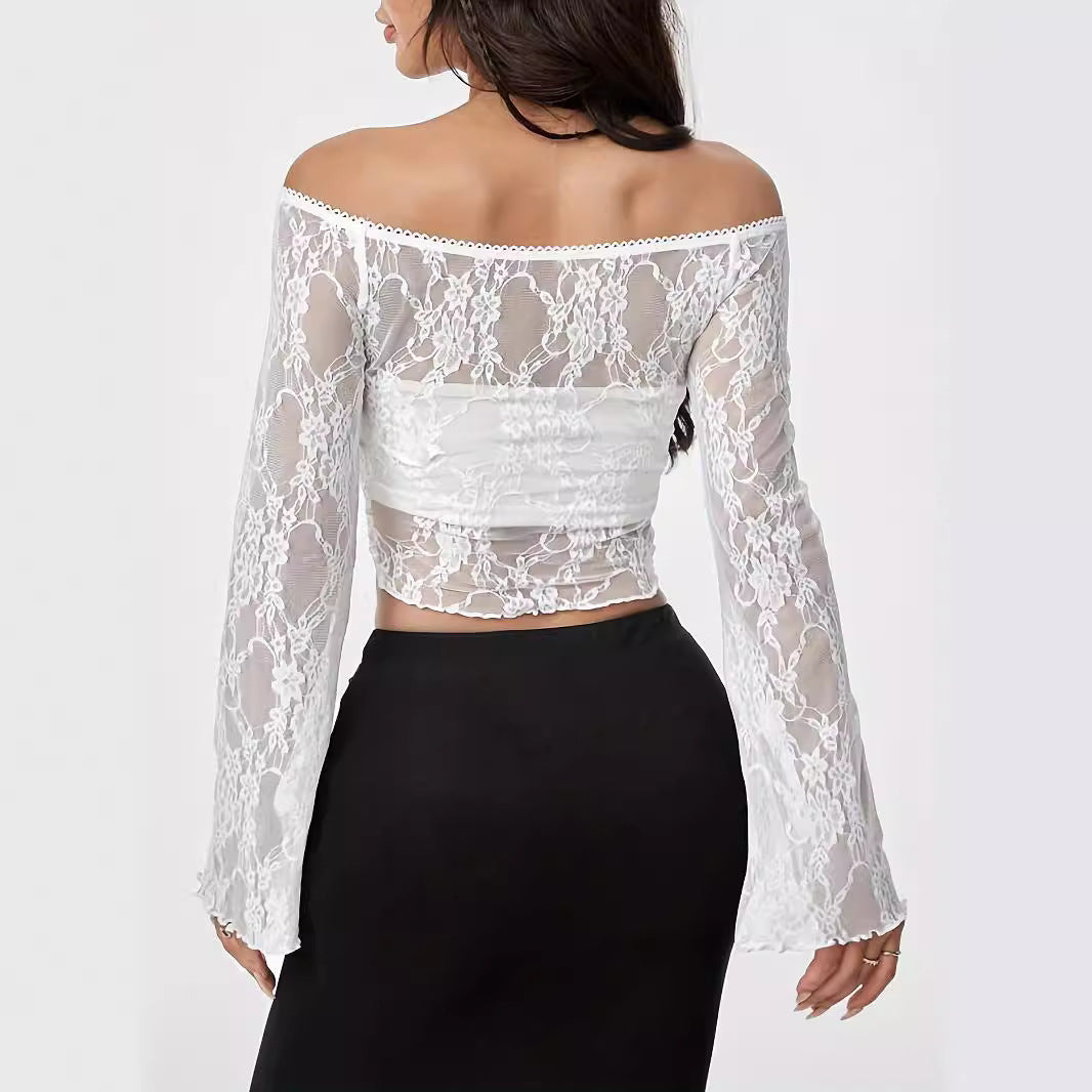 Dam T-shirt Monokrom Spetsskjorta 100% Bomull Klockärmar-3