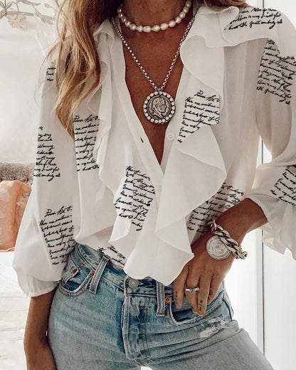 Dam Skjorta V-ringad Långärmad Chiffong med Tryckt Mönster 11