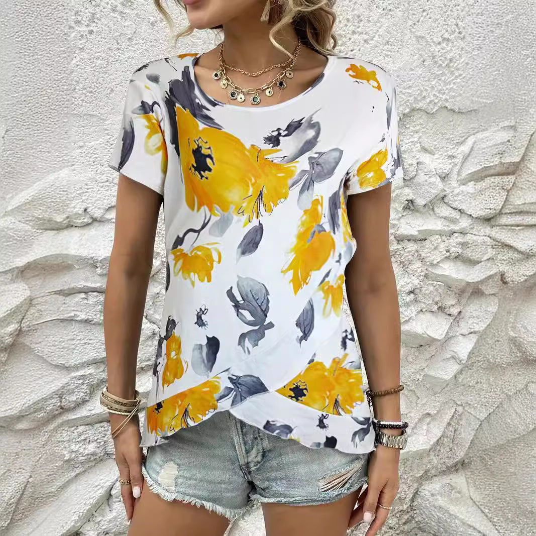 Dam T-shirt Blommig Kortärmad Polyester med Rynkade Detaljer-5