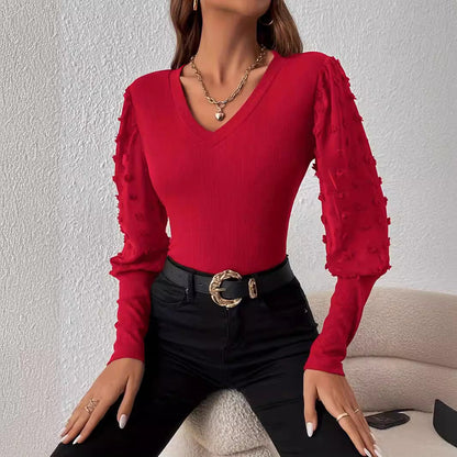 Dam Långärmad T-Shirt V-ringad Färgblockad 100% Bomull Slim Fit-4