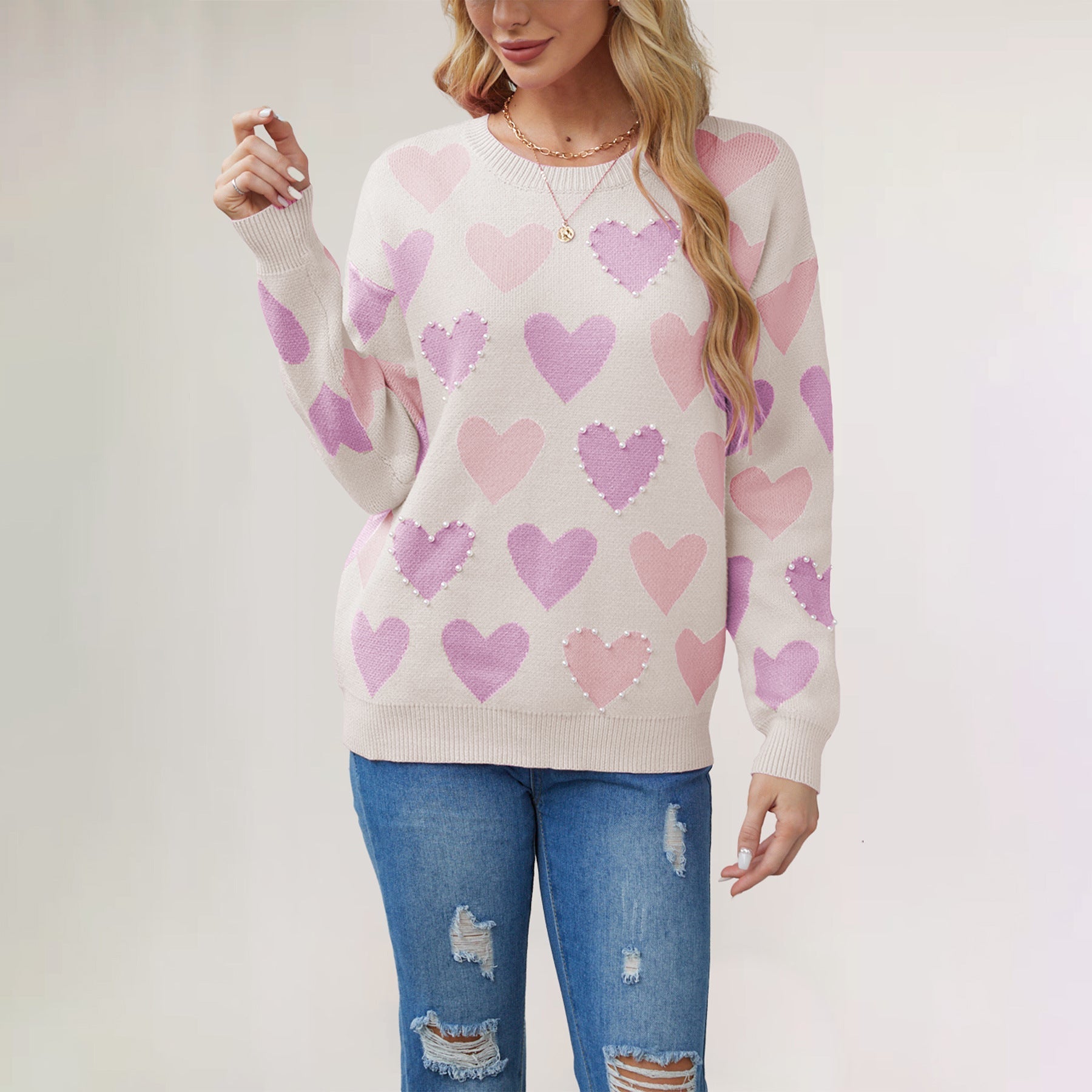 Dam Tröja Löst Sittande Hjärtdesign Viskos Nylon Polyester-3