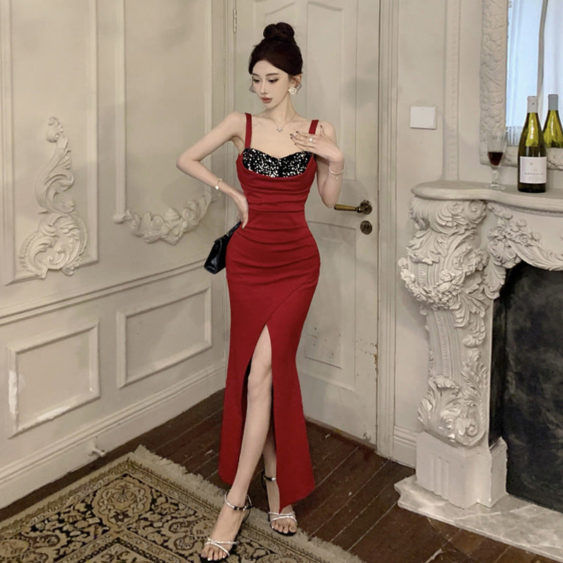 Kvinnors Tvådelad Klänning Fyrkantig Halsringning Paljetter Polyester-3