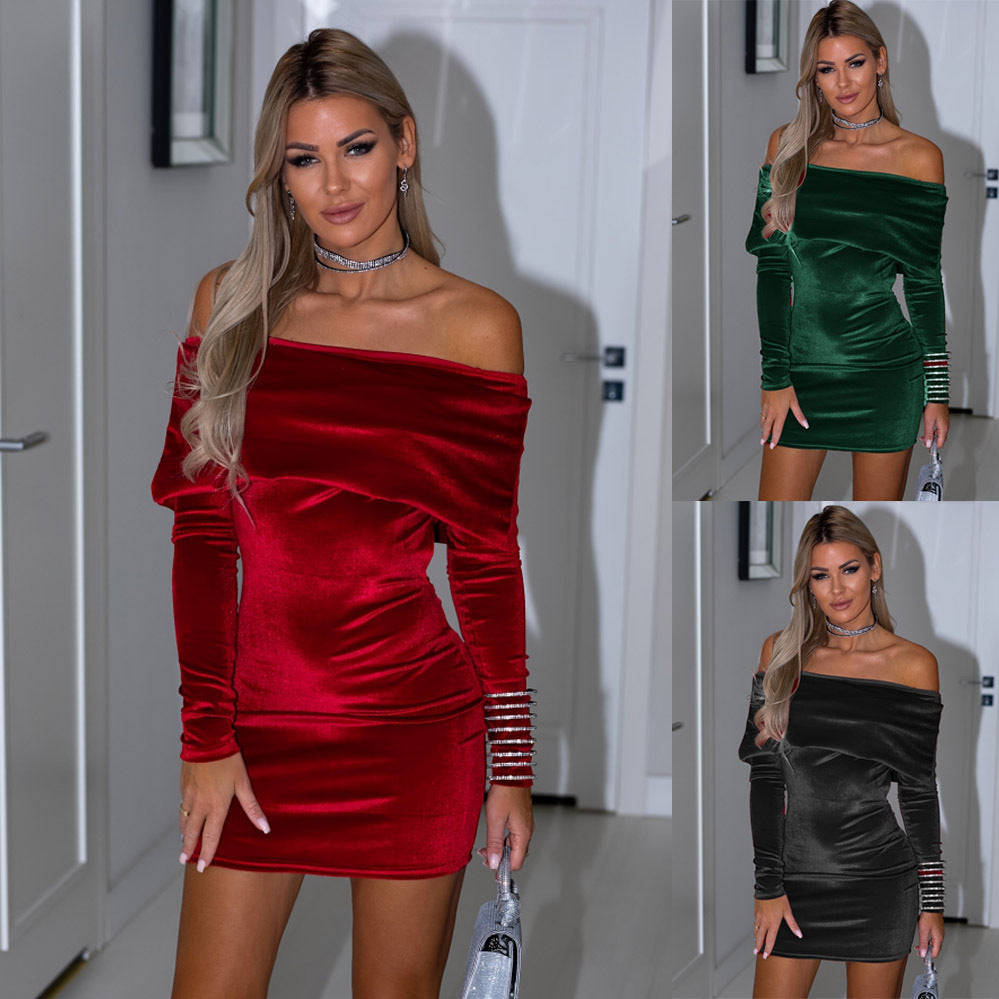 Dam Off-Shoulder Bodycon Klänning Sammet Midi för Fest och Sommar-2