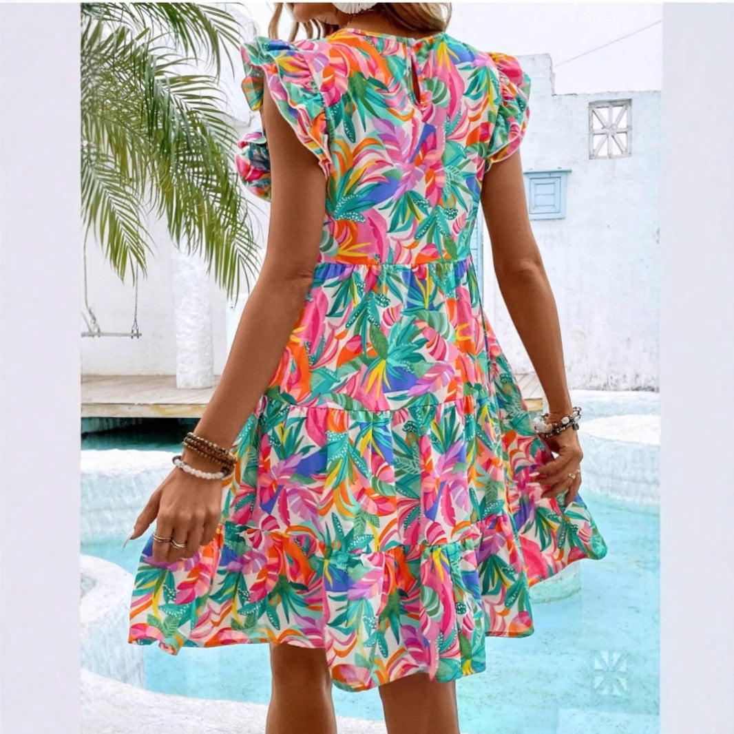 Kvinna Midi Klänning Blommönster Polyester-4