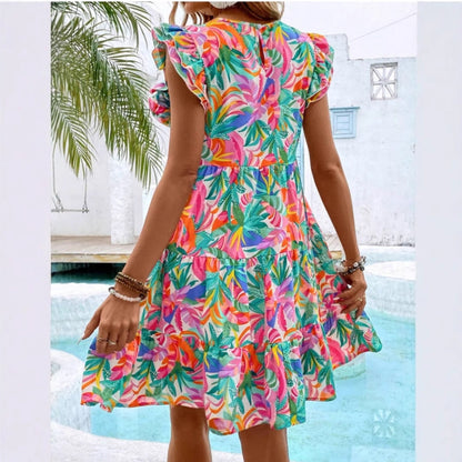 Kvinna Midi Klänning Blommönster Polyester-4