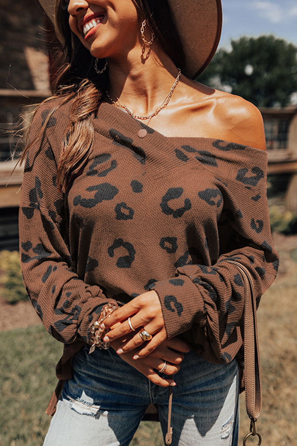 Stickad Dam Tröja V-ringad Leopardmönster Bomull och Polyester 1