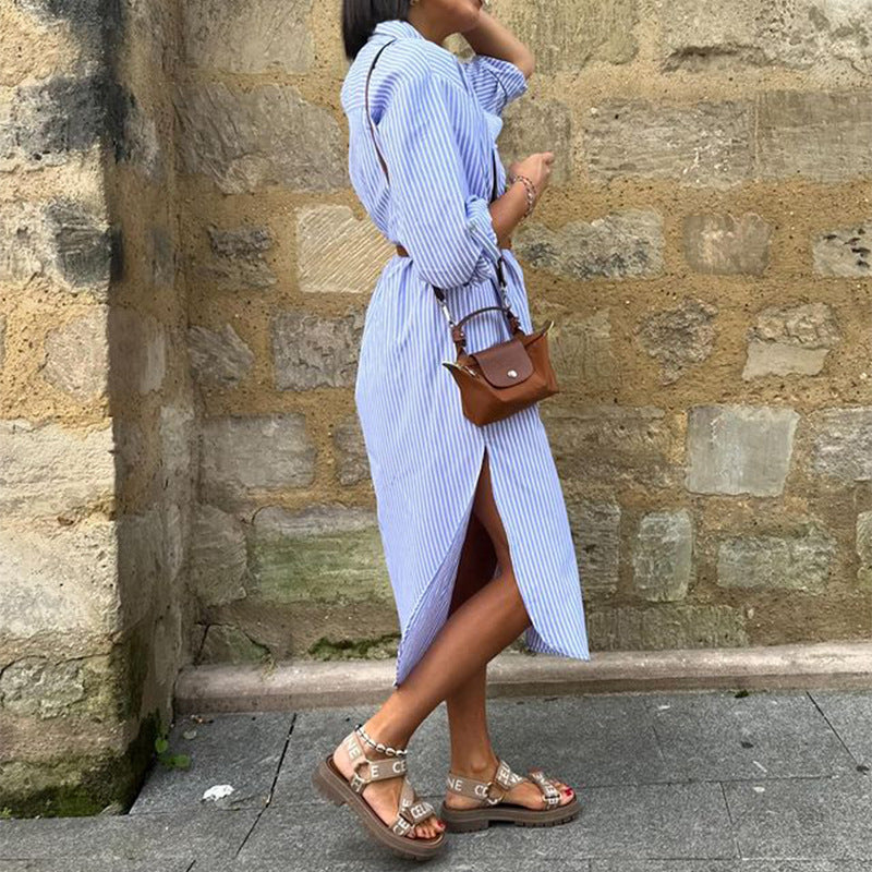 Kvinnors Midi Klänning Randig A-linje Polyester-4