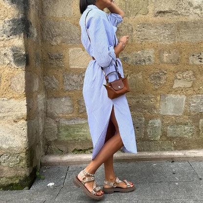 Kvinnors Midi Klänning Randig A-linje Polyester-4