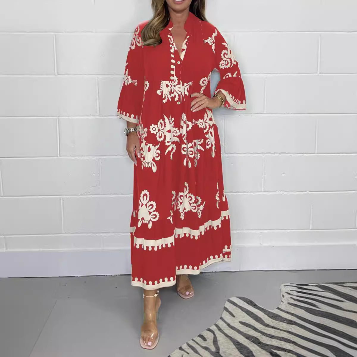 Variant image for Damklänning Med Tryckt Stativ-Up Krage Polyester Elegant Stil-29