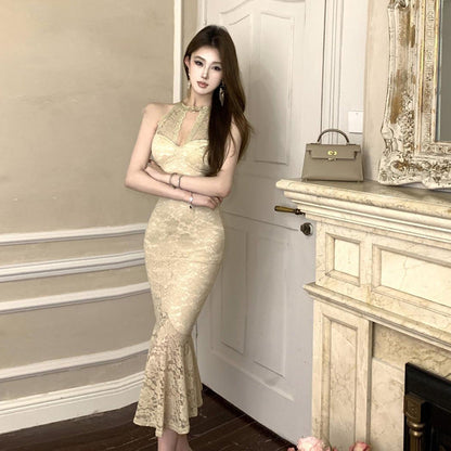 Dam Klänning Halterneck Maxirock Polyester Spetsig Chic-3