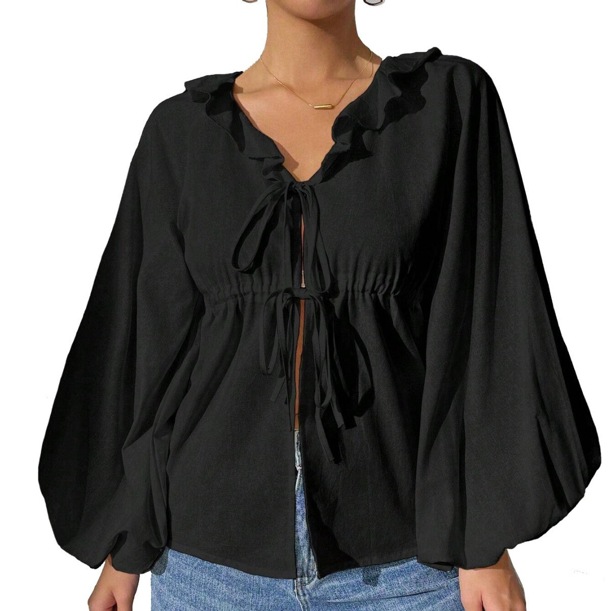 Dam Blus med Voluminösa Ärmar och Ruffle Detalj i Mjukt Material 6