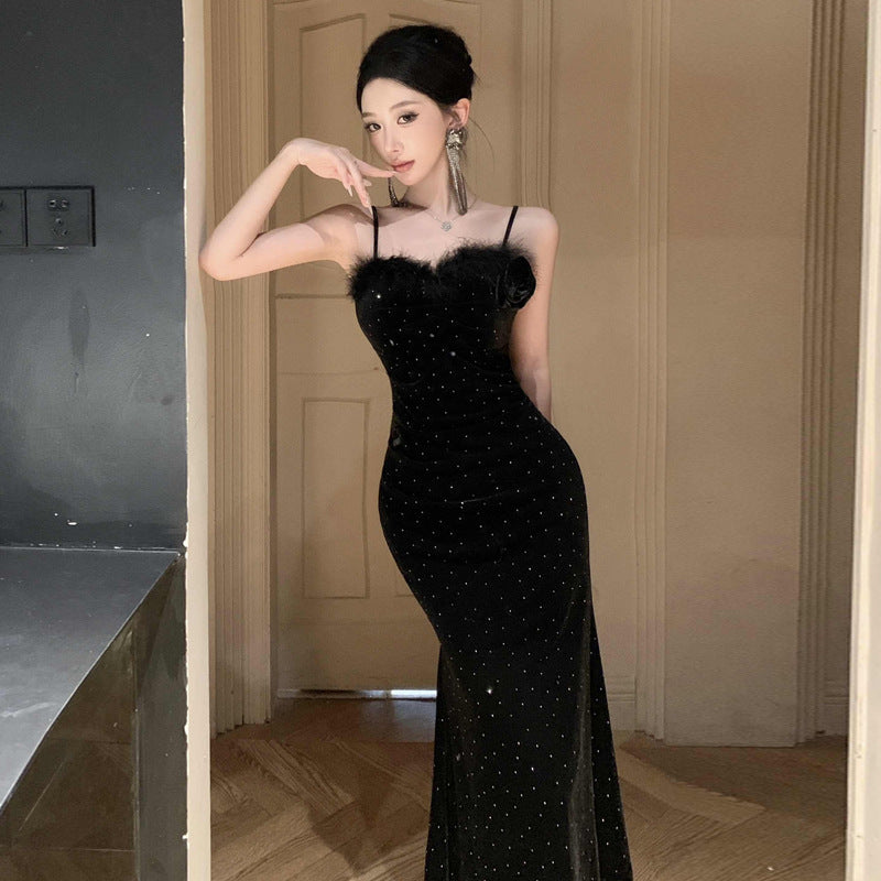 Fina Dam Klänningar Bodycon V-ringning Sammet Långa Ärmar-4