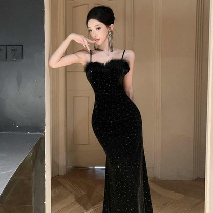 Fina Dam Klänningar Bodycon V-ringning Sammet Långa Ärmar-4