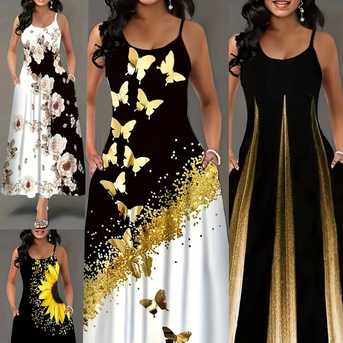 Kvinnors A-Line Klänning Blommönster Spaghettiband Polyester-2