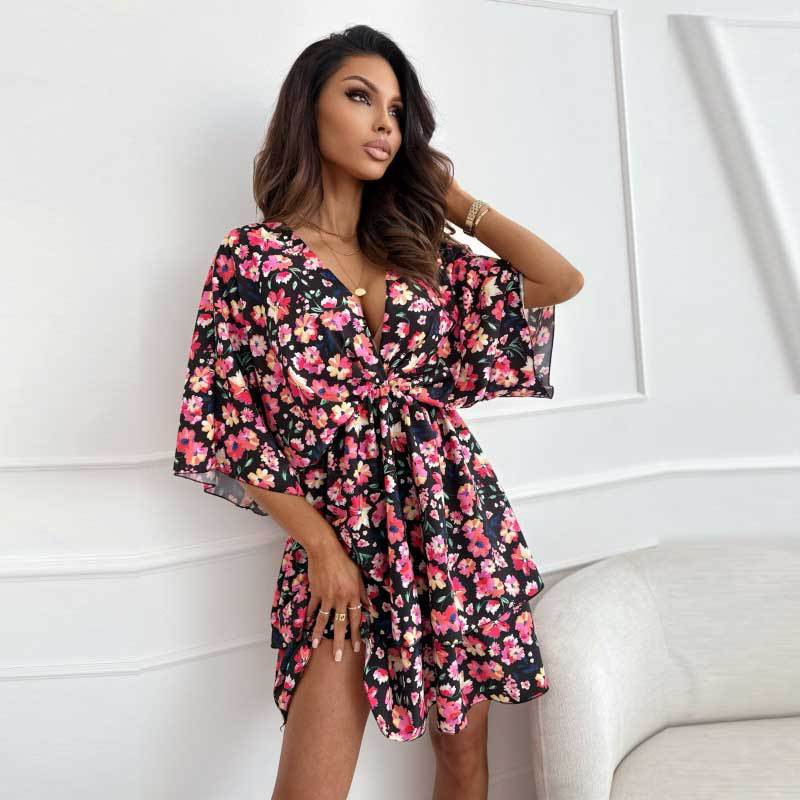 Dam Blommig Klänning Midi med Djup V-ringning Polyester-3