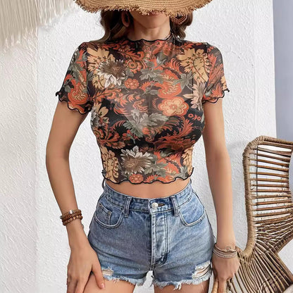 Dam T-shirt Tryckt Mönster Nätverk Kort Ärms Ståkrage-4
