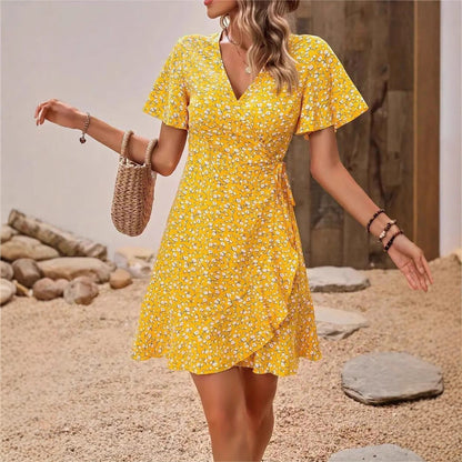 Kort Klänning Dam Blommig V-ringning Polyester Korta Festklänningar-4