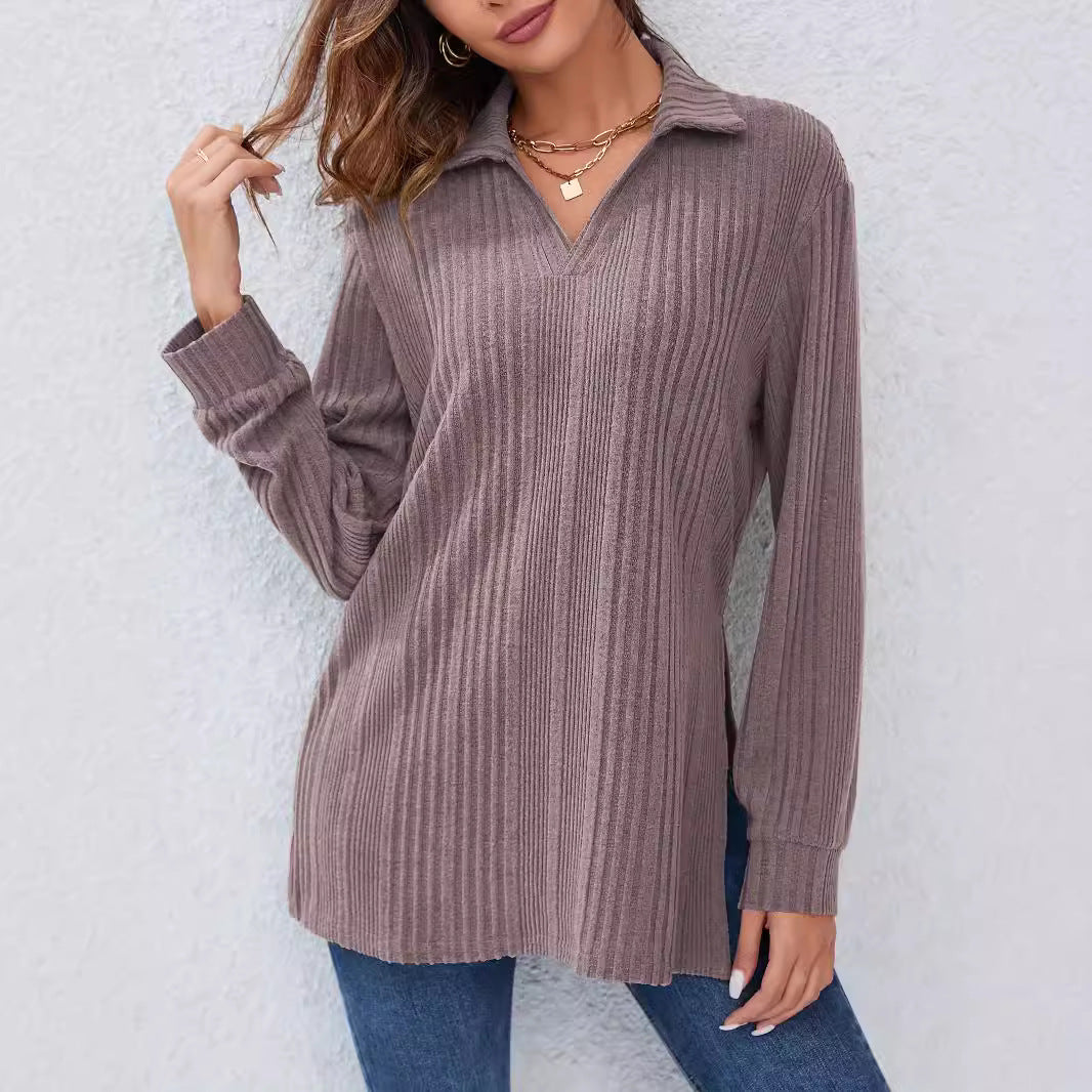 Dam Långärmad T-shirt Löst Passform Bomull Polo-krage-4