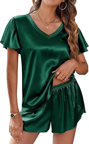 Kvinna Satin Set Korta Ärmar Avslappnad Polyester-1