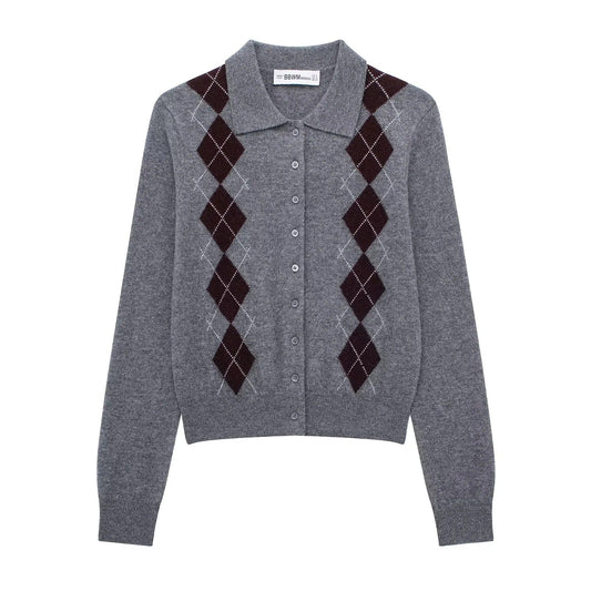 Kvinnors Cardigan Argyle Mönster Klassisk Krage Mjuk Ull 1