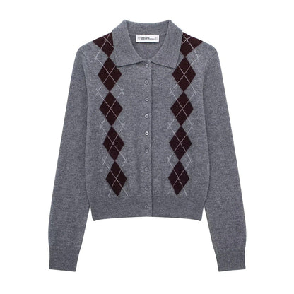 Kvinnors Cardigan Argyle Mönster Klassisk Krage Mjuk Ull 5