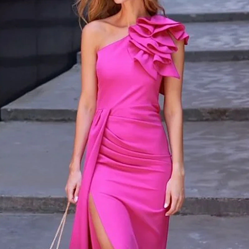 Kvinnors Lång Klänning En-Axel Polyester Figurbetonad-3