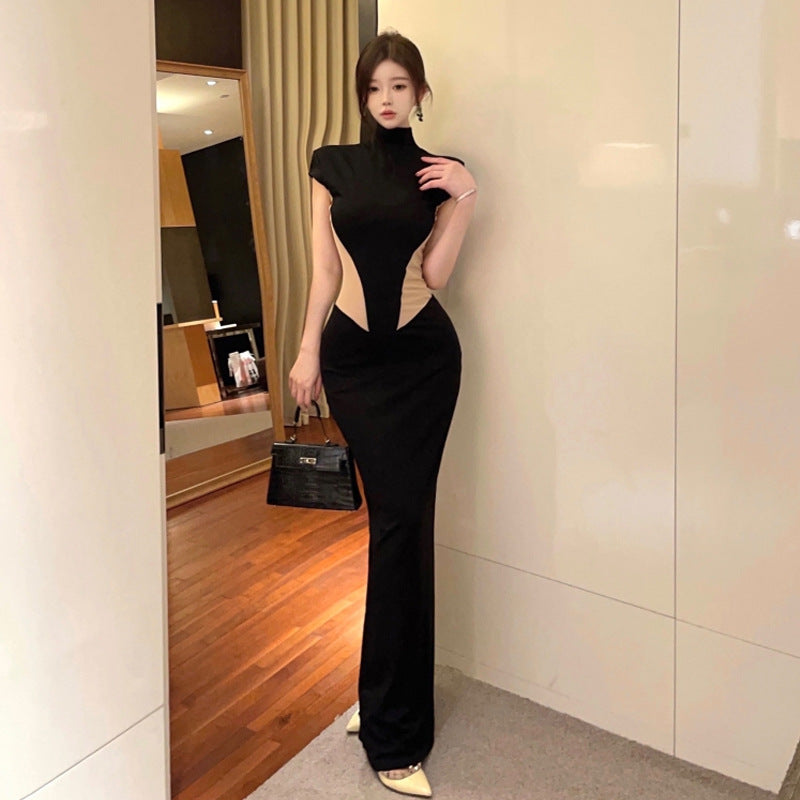 Kvinnors Golvklänning Hög Hals Mesh Patchwork Splicering-4