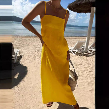 Dam Klänning Spaghetti Band Lång Kjol Bomull och Linne-4