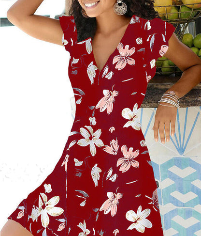 Fina Dam Klänningar V-ringad A-linjeformad med Tryckta Blommor Bomull och Polyester-6