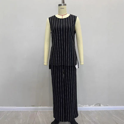 Kvinnors Tvådelad Sättning Randig Topp Breda Byxor Andningsbart Stretchigt Material 4