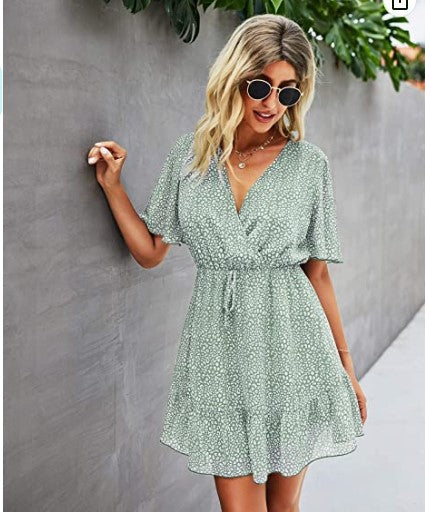 Dam Wrap Klänning Sommar Korta Ärmar Lätt Tyg 5