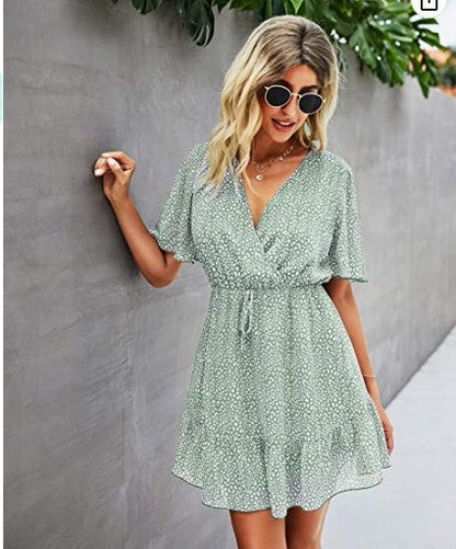 Dam Wrap Klänning Sommar Korta Ärmar Lätt Tyg 12