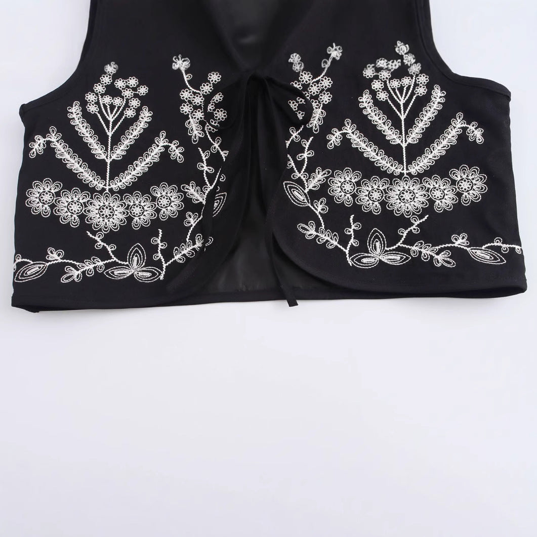 Dam Väst Broderad Med Blommotiv Loose Fit Mjuk Tyg 3