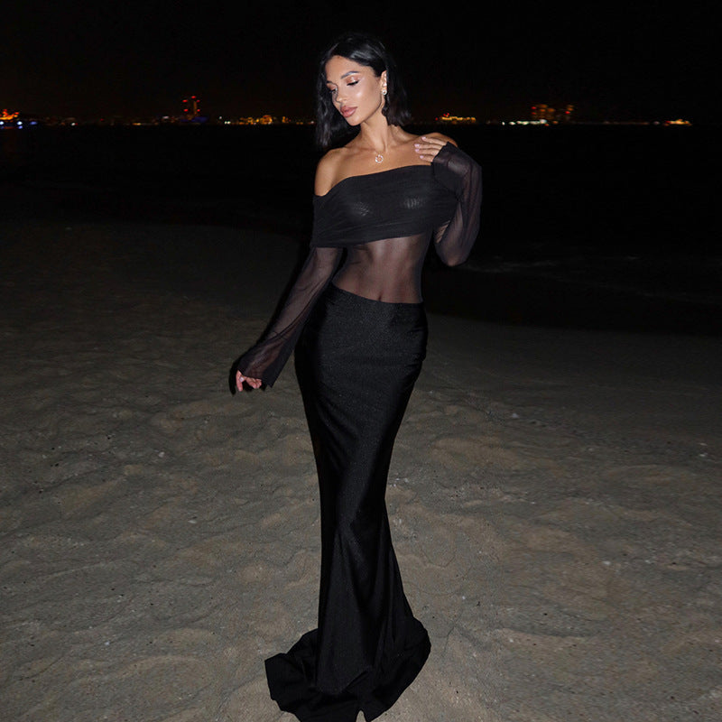 Maxiklänning Dam Off-Shoulder Transparenta Ärmar Elastiskt Tyg 3