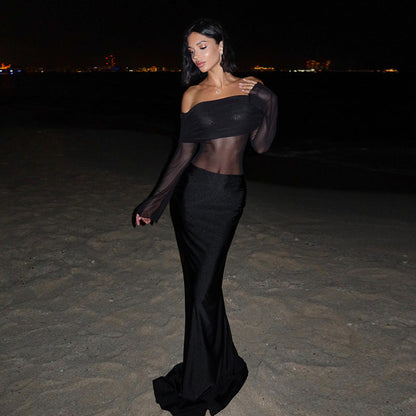Maxiklänning Dam Off-Shoulder Transparenta Ärmar Elastiskt Tyg 3