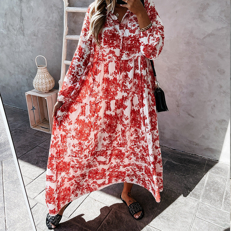 Variant image for Dam Midiklänning med Rysch och Ståkrage i Polyester, Blommig Midi Klänning för Bröllop-4