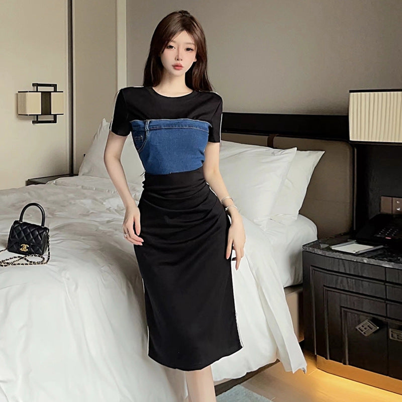 Variant image for Dam T-shirt Klänning Av Fransk Denim Rund Hals Medellång Stil-1