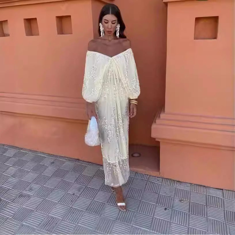 Dam Maxiklänning Voluminösa Ärmar Med Broderi-2