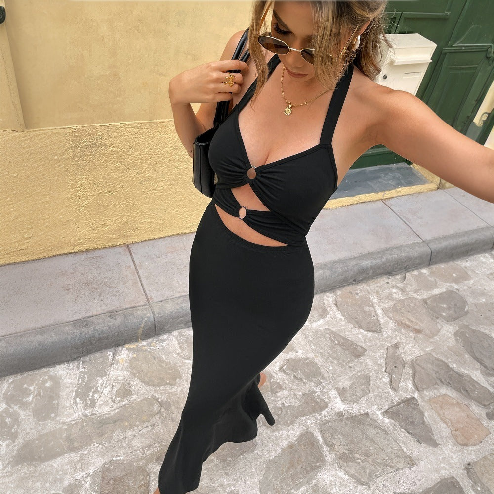 Kvinna Midi Klänning Högbelagd Halterneck Polyester-4