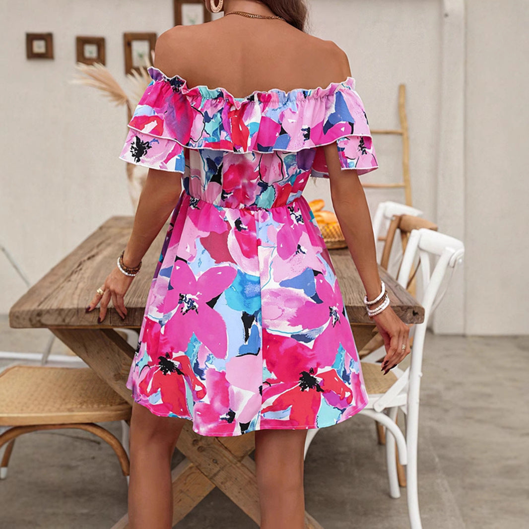 Kvinna Off-Shoulder Klänning Blommig A-Linje Fyra-Vägs Sträckt Tyg-3